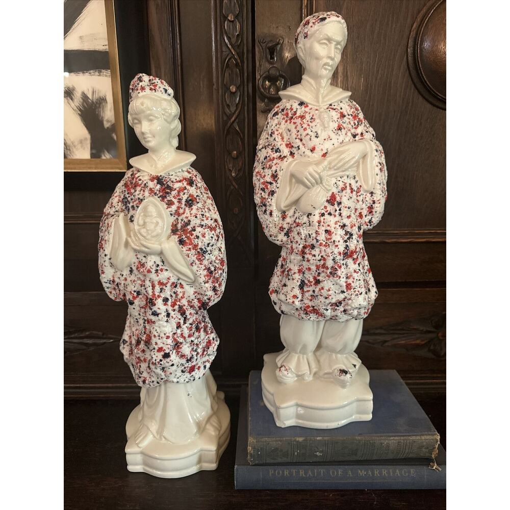 Chinoisere Vintage Pair Asian Ceramic Holland Mold Statues 15” MCM White Blue